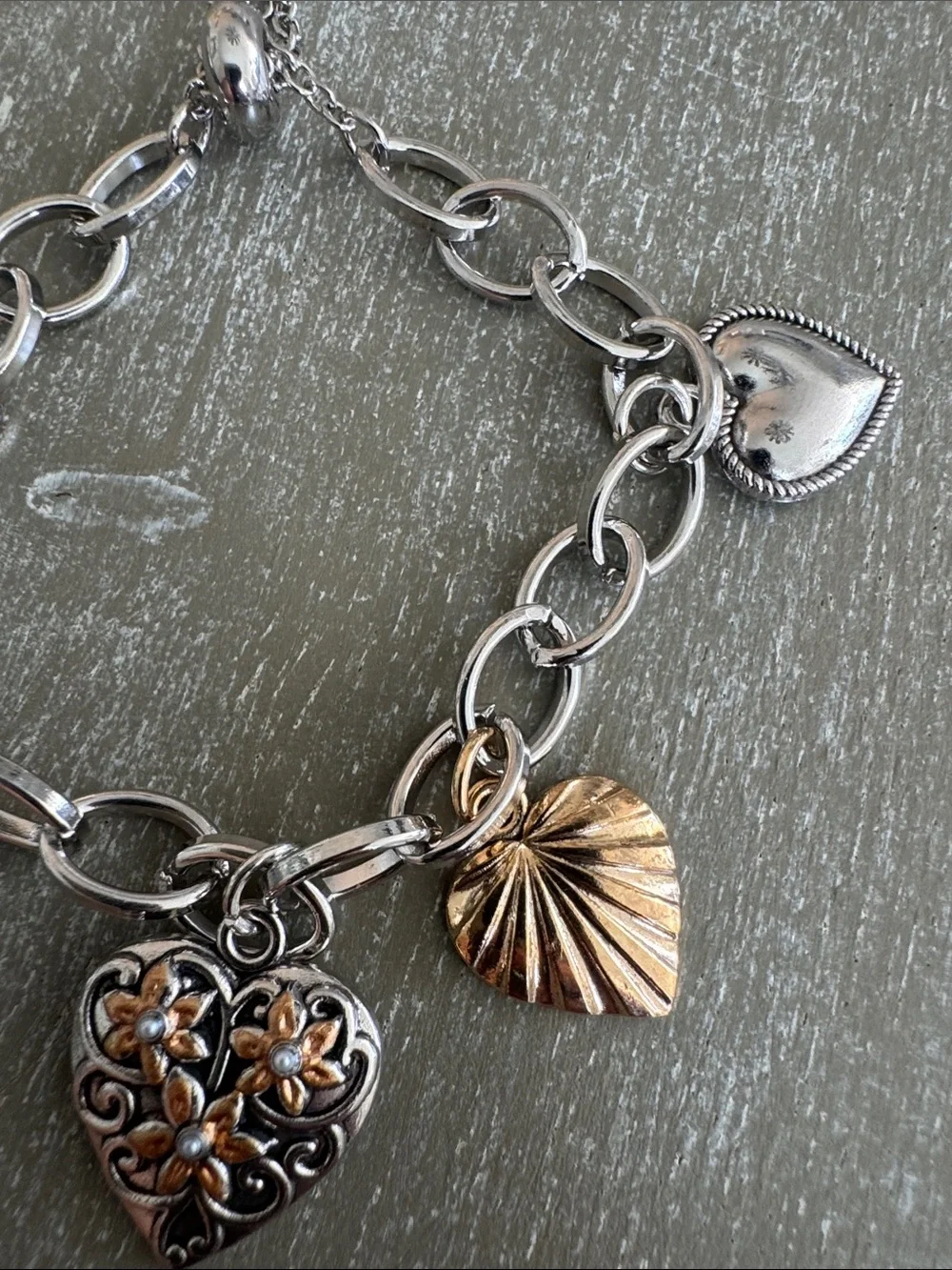 Two-Tone Heart Charm Bracelet - Silver & Gold Accents